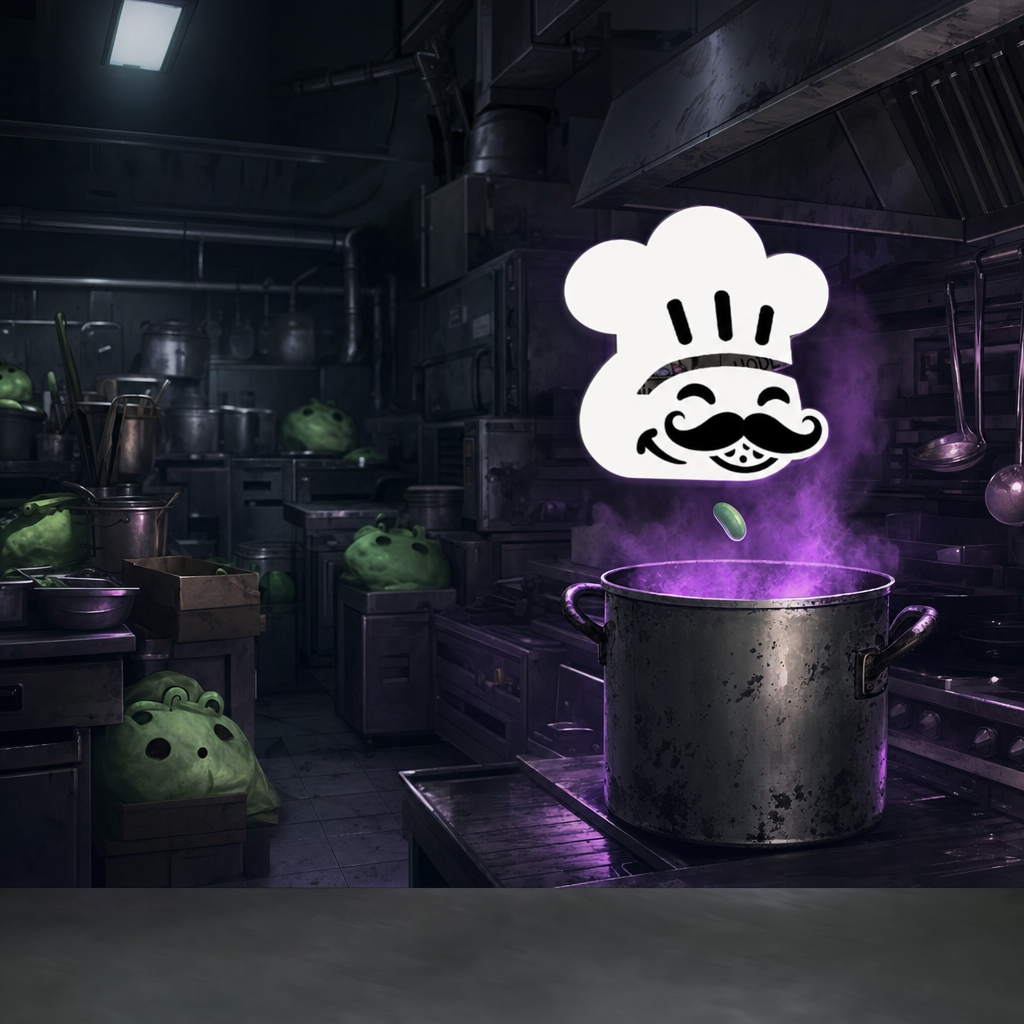 MintoCookinto in the kitchen, over the pot with violet steam
